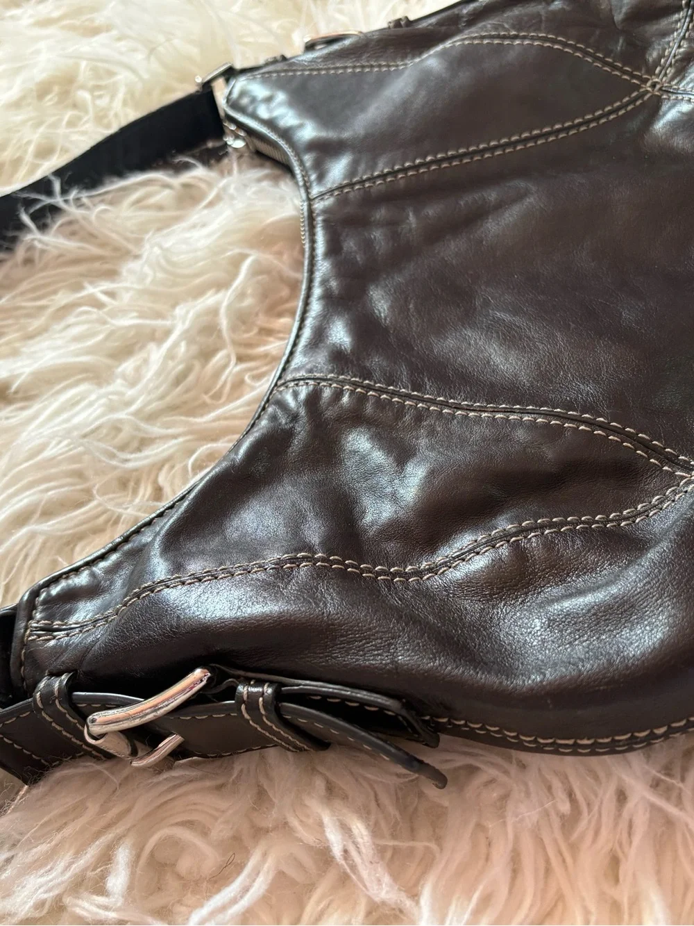 Michael Kors Black Leather Hobo Shoulder Bag White Contrast Stitch Y2K